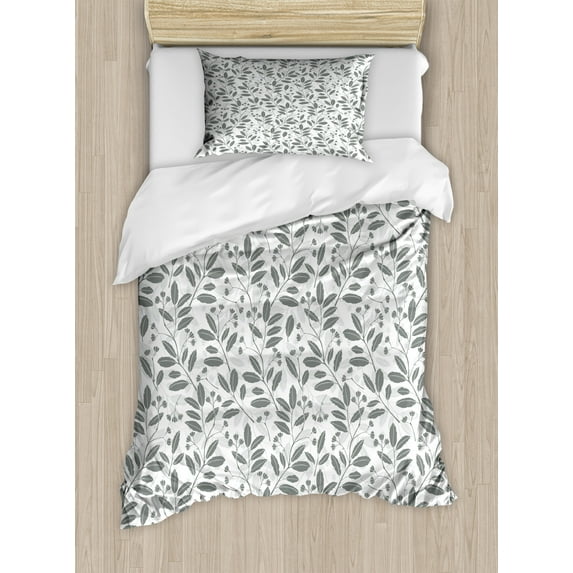 Botanical Duvet Cover Set, Modern Achromatic Toned Repeated Spring Nature Leaf Branches Pattern, Decorative 2 Piece Bedding Set with 1 Pillow Shams, Twin Size, White Pale Reseda Green, by Ambesonne
