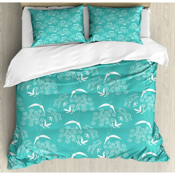Botanical Duvet Cover Set, Monochrome Flower Leaves and Branches Herbs Gardening Blossoms Design, Decorative 3 Piece Bedding Set with 2 Pillow Shams, Calking Size, Turquoise and White, by Ambesonne