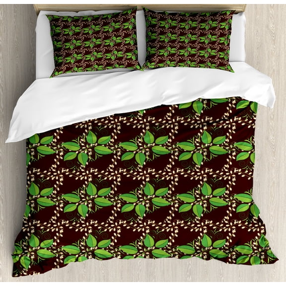 Botanical Duvet Cover Set, Natural Theme Leaves Along Floral Ornaments Vintage Meadow Pattern, Decorative 3 Piece Bedding Set with 2 Pillow Shams, King Size, Seal Brown Green White, by Ambesonne