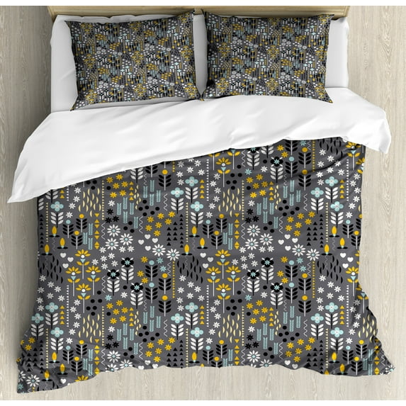 Botanical Duvet Cover Set, Pastel Blossoming Flowers Gardening Geometric Ornamental Art, Decorative 3 Piece Bedding Set with 2 Pillow Shams, Queen Size, Marigold and Grey, by Ambesonne