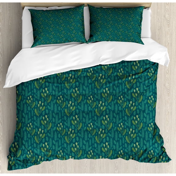Botanical Duvet Cover Set, Pine Leaves Botanical Style Nature Tones Outdoor Forest Illustration, Decorative 3 Piece Bedding Set with 2 Pillow Shams, King Size, Dark Teal and Green, by Ambesonne