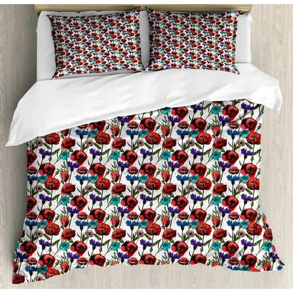 Botanical Duvet Cover Set, Print of Meadow Beauty Along Poppy Cornflower Lily Blooming Branches Blossom, Decorative 3 Piece Bedding Set with 2 Pillow Shams, Calking Size, Red and Purple, by Ambesonne