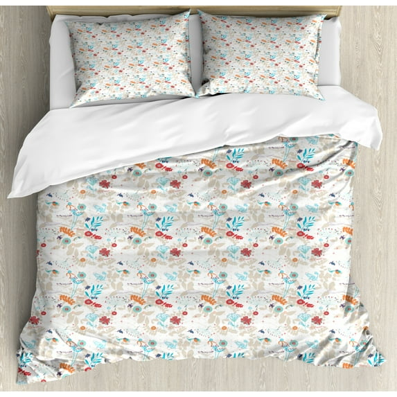 Botanical Duvet Cover Set Queen Size, Childish Nursery Style Pattern with Floral Natural Forest Elements Retro, Decorative 3 Piece Bedding Set with 2 Pillow Shams, Multicolor, by Ambesonne
