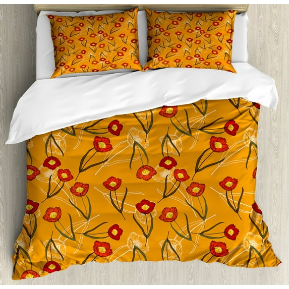 Botanical Duvet Cover Set Queen Size, Continuous Peonies Pattern on Outline Drawings Designs Print, Decorative 3 Piece Bedding Set with 2 Pillow Shams, Orange Vermilion and Dark Taupe, by Ambesonne