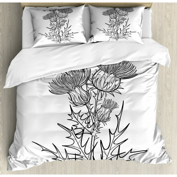 Botanical Duvet Cover Set Queen Size, Digital Graphics of Thistle or Carduus Plants on a Plain Backdrop, Decorative 3 Piece Bedding Set with 2 Pillow Shams, Charcoal Grey and White, by Ambesonne