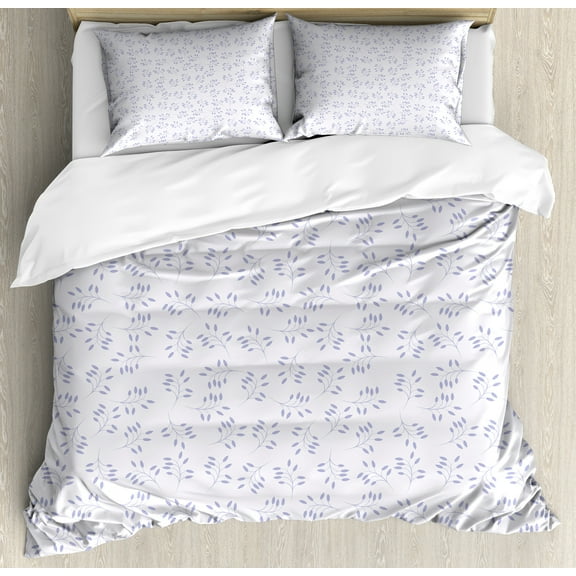 Botanical Duvet Cover Set, Repetitively Scattered Leafy Branches in Soft Sky Tones Spring Themed Concept, Decorative 3 Piece Bedding Set with 2 Pillow Shams, Calking Size, Lavender Blue, by Ambesonne