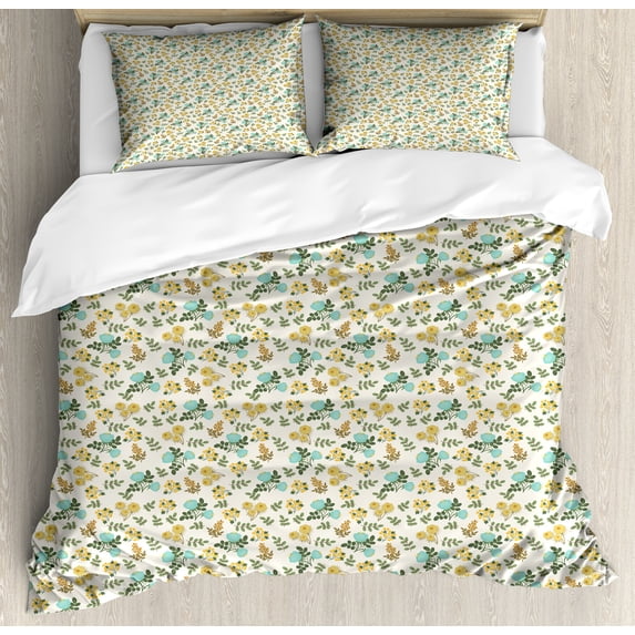 Botanical Duvet Cover Set, Scattered Herbs with Flourishing Blossoms, Decorative 3 Piece Bedding Set with 2 Pillow Shams, King Size, Ivory Seafoam, by Ambesonne