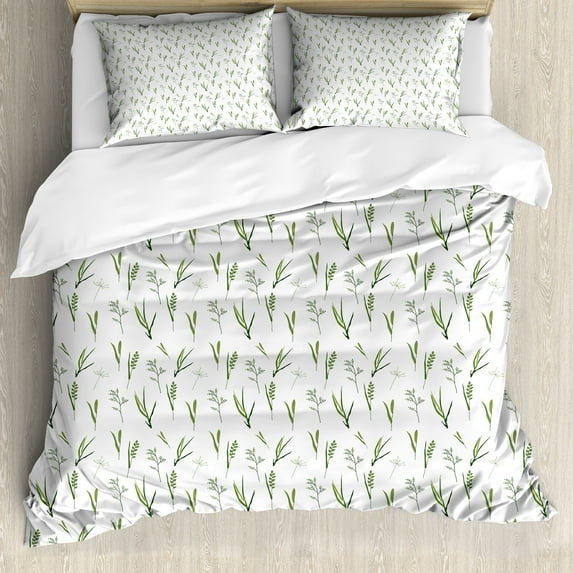 Botanical Duvet Cover Set, Simple Modern Nature Art Style Isolated Greenery Leaf Branches Twigs, Decorative 3 Piece Bedding Set with 2 Pillow Shams, Calking Size, White Pale Olive Green, by Ambesonne