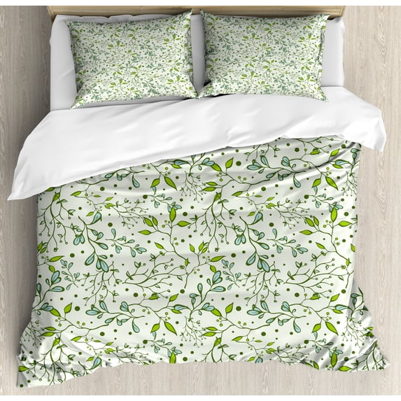 Botanical Duvet Cover Set, Spring Season Forest Branches Leaves and Berry-Like Polka Dots, Decorative 3 Piece Bedding Set with 2 Pillow Shams, Queen Size, Pale Green Green, by Ambesonne