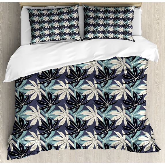 Botanical Duvet Cover Set, Tropical Leaves Repetitive Lines Pointy Petals, Decorative 3 Piece Bedding Set with 2 Pillow Shams, King Size, Cadet Blue Dark Indigo, by Ambesonne