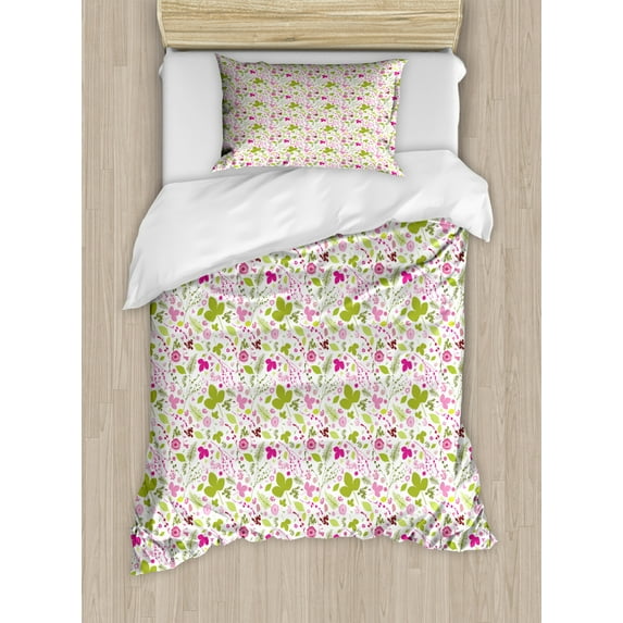 Botanical Duvet Cover Set Twin Size, Floral Silhouettes Spring Composition Blossoming Seasonal Foliage Design, Decorative 2 Piece Bedding Set with 1 Pillow Sham, Multicolor, by Ambesonne