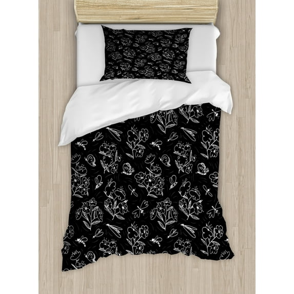Botanical Duvet Cover Set Twin Size, Scribbled Hand Drawn Garden Elements Butterflies Insects and Flowers, Decorative 2 Piece Bedding Set with 1 Pillow Sham, Charcoal Grey and White, by Ambesonne