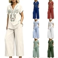 thumbnail image 1 of Botanical Embroidered Linen Set for Women, V-Neck Short Sleeve Tunic Top with Wide Leg Palazzo Pants - Boho Summer Vacation Co-ord Outfit Navy XXXL, 1 of 8