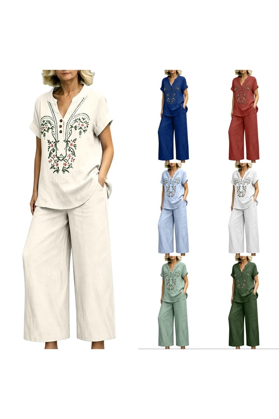 Botanical Embroidered Linen Set for Women, V-Neck Short Sleeve Tunic Top with Wide Leg Palazzo Pants - Boho Summer Vacation Co-ord Outfit White L
