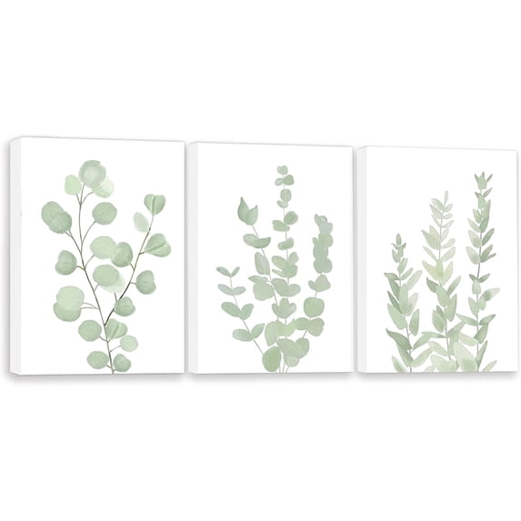 Botanical Eucalyptus Canvas FRAMED Wall Art | Boho Plant Wall Decor for Bedroom| Light Green Botanical Art Painting for Bathroom | Eucalyptus Leaf Picture | Set of 3