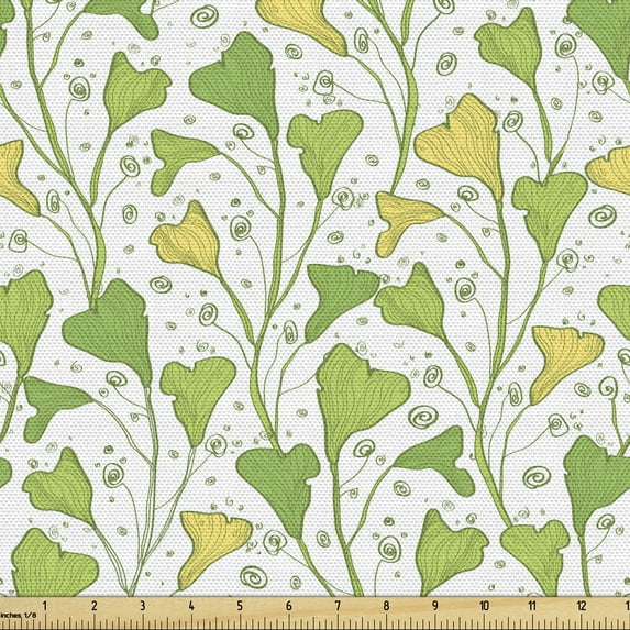 Botanical Fabric by the Yard, Abstract Illustration of Plantation Curlicue Style Peduncles, Decorative Upholstery Fabric for Sofas and Home Accents, Yellow Apple Green by Ambesonne