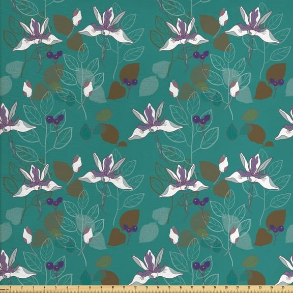Botanical Fabric by the Yard, Abstract Spring Garden Art with Leaves and Flowers in Dark Tones, Decorative Upholstery Fabric for Sofas and Home Accents, 1 Yard, Jade Green and Multicolor by Ambesonne