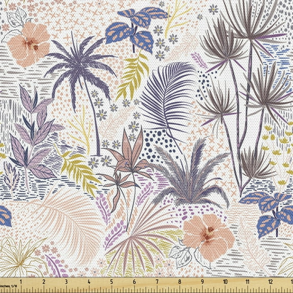 Ambesonne Botanical Fabric by the Yard Upholstery, Flora Herbs Dots Strokes, 1 Yard, White Multicolor