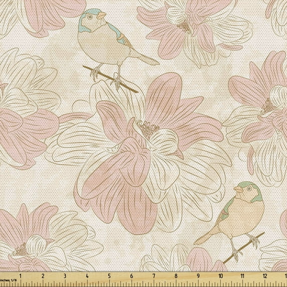 Ambesonne Botanical Fabric by the Yard Upholstery, Birds on Branches Flowers, 1 Yard, Blush Peach