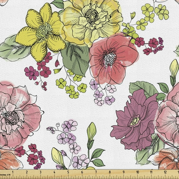 Ambesonne Botanical Fabric by the Yard Upholstery, Summer Colorful Bouquets, 2 Yards, Multicolor