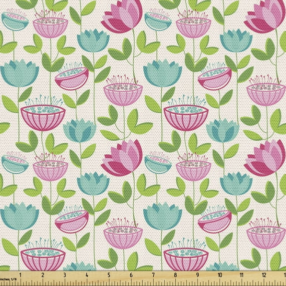Botanical Fabric by the Yard, Colorful Surreal Fantasy World Blossoms Leafy Elements Garden Art, Decorative Upholstery Fabric for Sofas and Home Accents, Champagne Pink and Green by Ambesonne