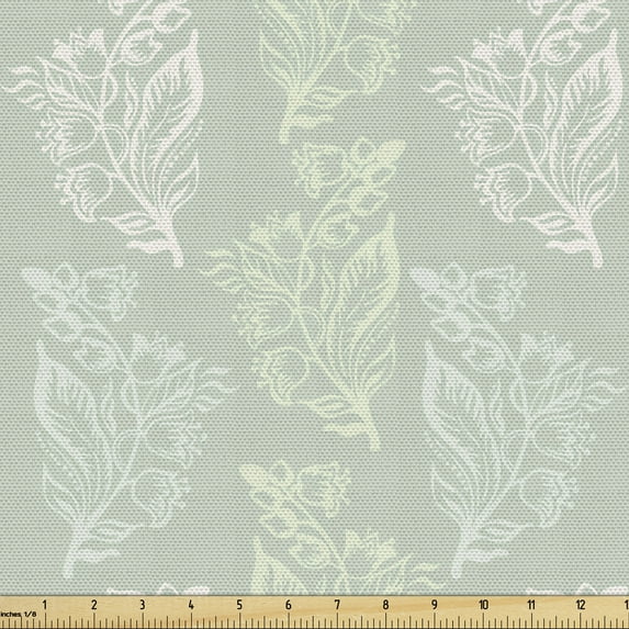 Ambesonne Botanical Fabric by the Yard Upholstery, Continuous Flowers Motif, 10 Yards, Pale Sage Green White