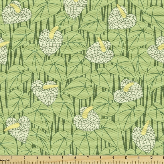 Botanical Fabric by the Yard, Continuous Abstract Illustration of Tender Anthurium Flowers, Upholstery Fabric for Dining Chairs Home Decor Accents, Pale Green Green by Ambesonne