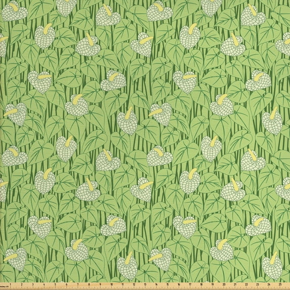 Botanical Fabric by the Yard, Continuous Abstract Illustration of Tender Anthurium Flowers, Upholstery Fabric for Dining Chairs Home Decor Accents, Pale Green Green by Ambesonne