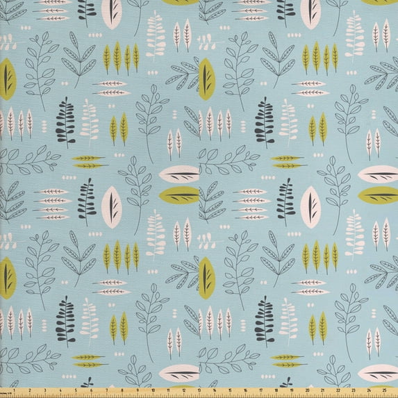 Botanical Fabric by the Yard, Continuous Pattern of Leaves and Branches, Decorative Upholstery Fabric for Chairs & Home Accents, Blue Multicolor by Ambesonne