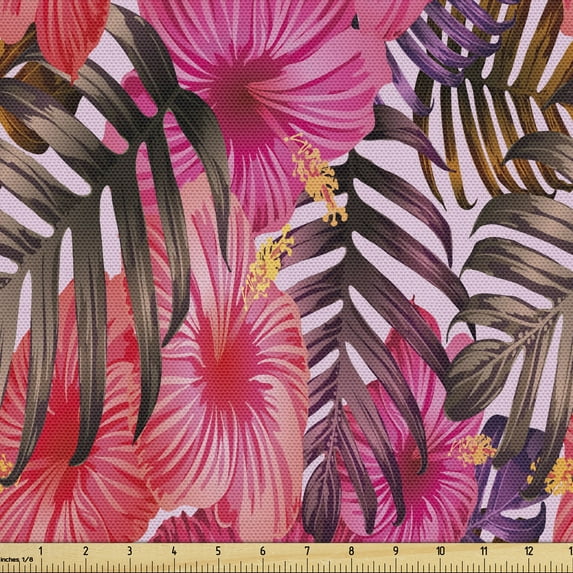 Ambesonne Botanical Fabric by the Yard Upholstery, Hawaiian Exotic Orchids, 5 Yards, Taupe Raspberry