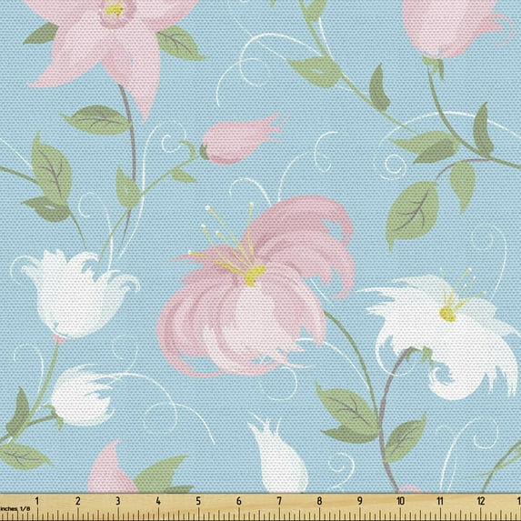 Ambesonne Botanical Fabric by the Yard Upholstery, Pink and White Flowers, 2 Yards, Multicolor