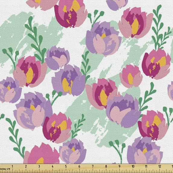 Botanical Fabric by the Yard, Floral Themed Pattern of Natural Motifs Flowers in Watercolor Paint Green Leaves, Decorative Upholstery Fabric for Sofas and Home Accents, Multicolor by Ambesonne
