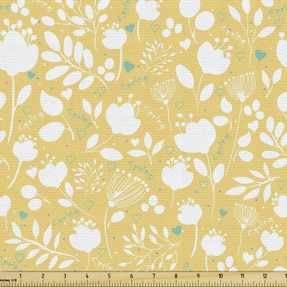 Botanical Fabric by the Yard, Hibiscus Violet Blossoms Meadow Exotic Spring Revival Style Flourishes, Decorative Upholstery Fabric for Chairs & Home Accents, Pale Mustard White by Ambesonne