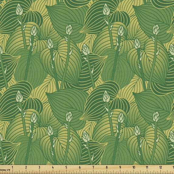 Ambesonne Botanical Fabric by the Yard Upholstery, Hosta Plants Rainforest, 2 Yards, Fern Green and Mustard