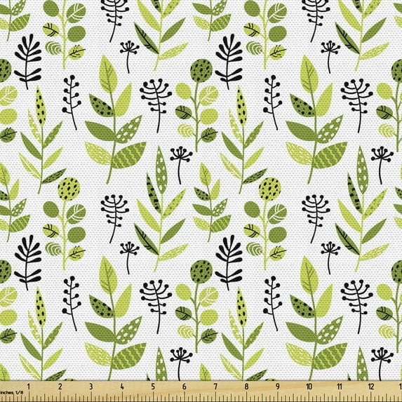 Botanical Fabric by the Yard, Leafy Branches and Herbs on a Plain Background, Decorative Upholstery Fabric for Chairs & Home Accents, Violet Apple Green by Ambesonne