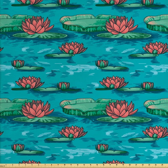 Ambesonne Botanical Fabric by the Yard Upholstery, Lotus Flowers on the Lake, 3 Yards, Sea Blue Coral Green