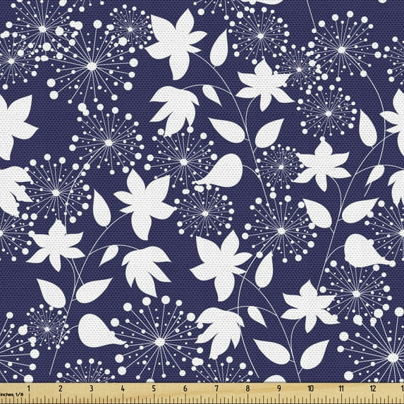 Ambesonne Botanical Fabric by the Yard Upholstery, Flowers and Dandelions, 10 Yards, Indigo and White