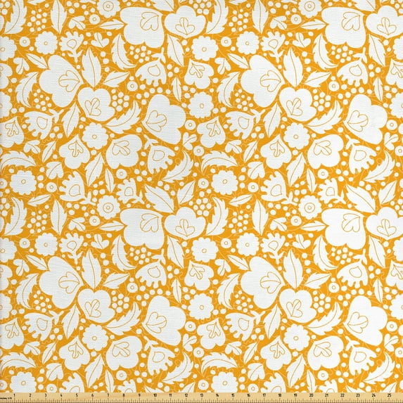 Botanical Fabric by the Yard, Monochrome Illustration of Floral Details and Berries Energetic Summer Tones, Decorative Upholstery Fabric for Chairs & Home Accents, Marigold White by Ambesonne