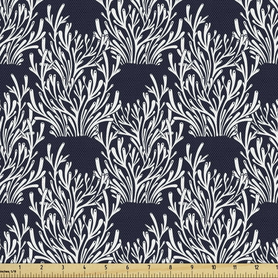Botanical Fabric by the Yard, Monochrome Tree Branches Plantation Doodle Style Nature Seaweed, Decorative Upholstery Fabric for Sofas and Home Accents, Dark Violet Blue White by Ambesonne
