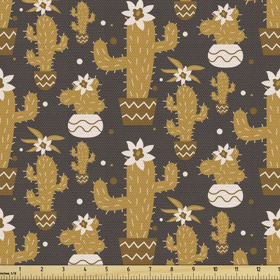 Botanical Fabric by the Yard, Natural Desert Plants Different Cactus Images Along Flowers Motifs, Upholstery Fabric for Dining Chairs Home Decor Accents, Dark Taupe and Camel by Ambesonne