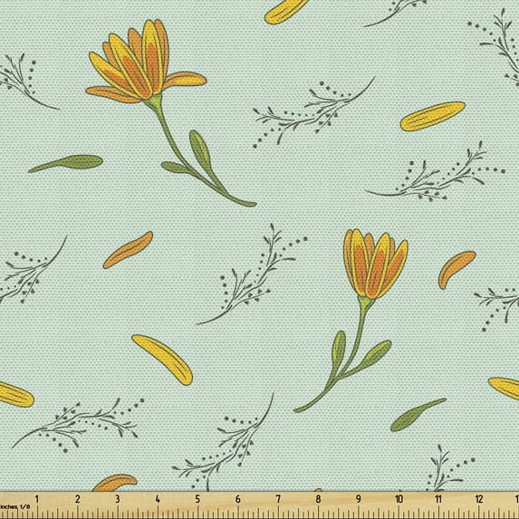 Ambesonne Botanical Fabric by the Yard Upholstery, Flowers in Windy Weather, 10 Yards, Orange and Pale Seafoam