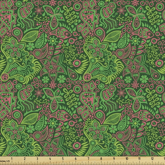 Ambesonne Botanical Fabric by the Yard Upholstery, Paisley Leaves Flowers, 3 Yards, Lime Green Pink