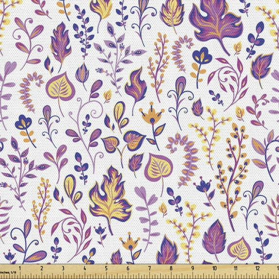 Botanical Fabric by the Yard, Pastel Forest Herbs and Swirly Branches Flourishing Growth Woods Doodle, Decorative Upholstery Fabric for Sofas and Home Accents, Fuchsia Pale Orange by Ambesonne