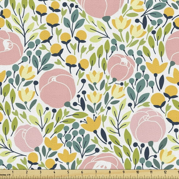 Botanical Fabric by the Yard, Pastel Meadow Blossoms Revival Rose Buds Leaves Aster Garden Art, Decorative Upholstery Fabric for Chairs & Home Accents, Blush Lime Green Mustard by Ambesonne