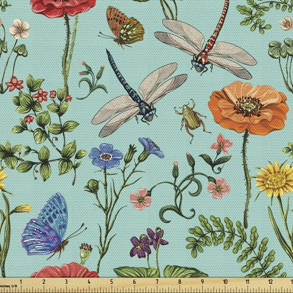 Ambesonne Botanical Fabric by the Yard Upholstery, Dragonflies Butterflies, 5 Yards, Multicolor