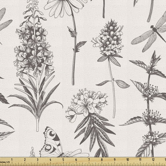Botanical Fabric by the Yard, Soft Toned Butterflies Daisy Branches Forest Herbs Meadow Flowers Hand Drawn, Decorative Upholstery Fabric for Sofas and Home Accents, Ivory and Taupe by Ambesonne