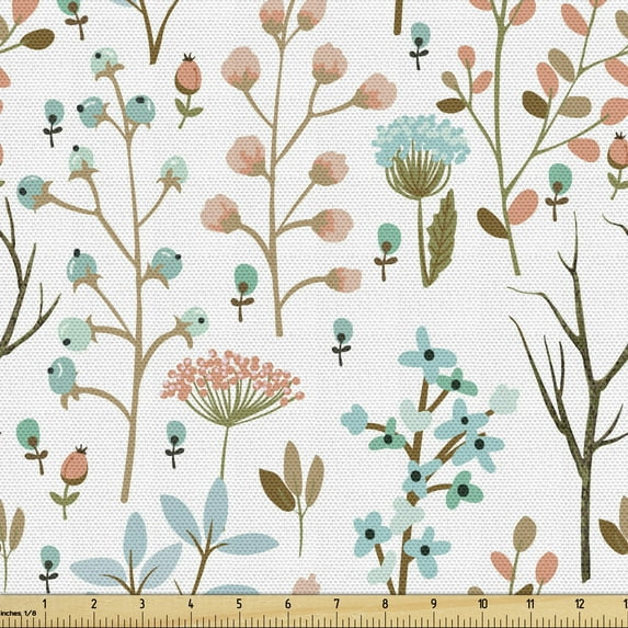 Botanical Fabric by the Yard, Soft Toned Meadow Blooms and Herbs Composition Season Flourish Yard, Decorative Upholstery Fabric for Sofas and Home Accents, Seafoam Coral Pale Brown by Ambesonne