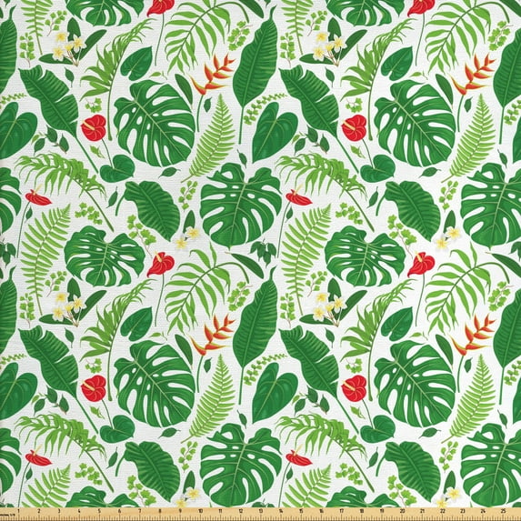 Ambesonne Botanical Fabric by the Yard Upholstery, Tropical Climate Flora, 5 Yards, Green Lime Green