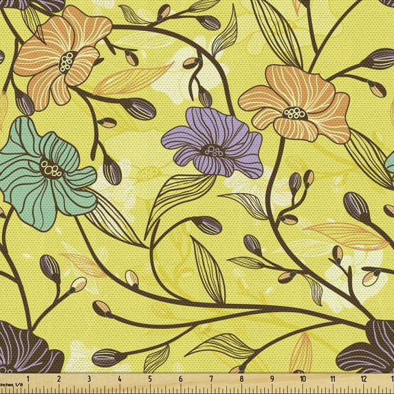 Ambesonne Botanical Fabric by the Yard Upholstery, Rural Floral Woodland, 1 Yard, Multicolor