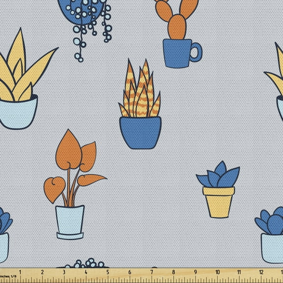Botanical Fabric by the Yard Upholstery, Colorful Plants in Cups and Pots Greenhouse Hobby Art Gardening Themed, Decorative Fabric for DIY and Home Accents, Pale Taupe Multicolor by Ambesonne